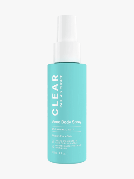 Paula’s Choice Clear Back & Body Acne Spray in blue branded spray component on a light gray background