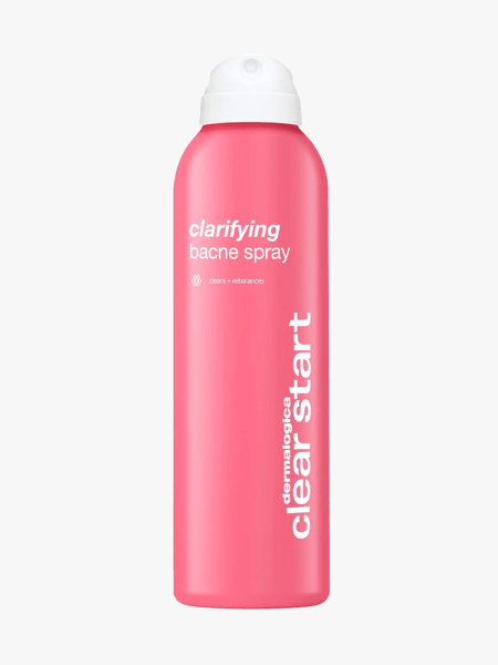 Dermalogica Clear Start Clarifying Bacne Spray in pink branded spray component on a light gray background